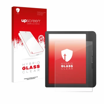 Face avant d’un emballage produit avec le logo de la marque upscreen. À côté, l’appareil Tolino Vision 5 est représenté avec l