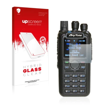 Face avant d’un emballage produit avec le logo de la marque upscreen. À côté, l’appareil AnyTone AT-D878UV est représenté avec