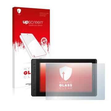 Face avant d’un emballage produit avec le logo de la marque upscreen. À côté, l’appareil Huion Kamvas Pro 16 Premium est repré