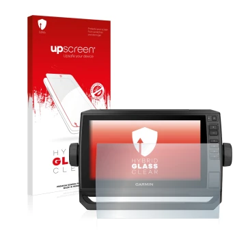 Face avant d’un emballage produit avec le logo de la marque upscreen. À côté, l’appareil Garmin ECHOMAP UHD 92sv est représent