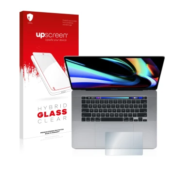 Face avant d’un emballage produit avec le logo de la marque upscreen. À côté, l’appareil Apple MacBook Pro 16