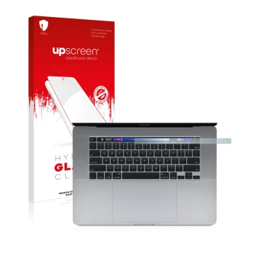Face avant d’un emballage produit avec le logo de la marque upscreen. À côté, l’appareil Apple MacBook Pro 16