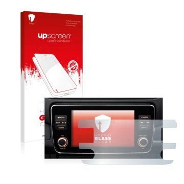 Face avant d’un emballage produit avec le logo de la marque upscreen. À côté, l’appareil Nissan Leaf E Plus Infotainment Syste