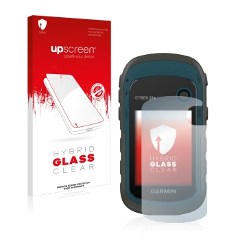 Face avant d’un emballage produit avec le logo de la marque upscreen. À côté, l’appareil Garmin eTrex 22x est représenté avec 
