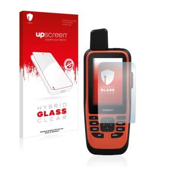 Face avant d’un emballage produit avec le logo de la marque upscreen. À côté, l’appareil Garmin GPSMAP 86i est représenté avec