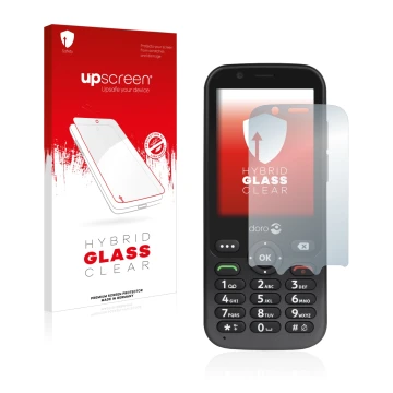 Face avant d’un emballage produit avec le logo de la marque upscreen. À côté, l’appareil Doro 7010 est représenté avec la prot