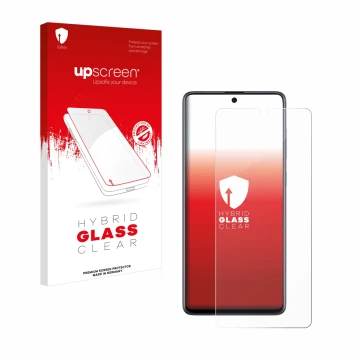 Face avant d’un emballage produit avec le logo de la marque upscreen. À côté, l’appareil Samsung Galaxy A71 est représenté ave