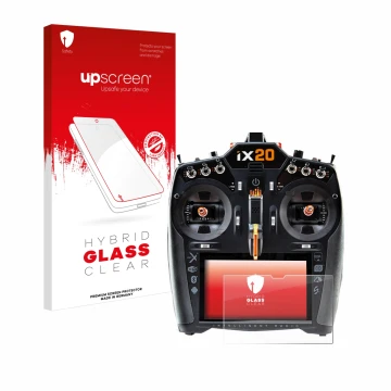 Face avant d’un emballage produit avec le logo de la marque upscreen. À côté, l’appareil Spektrum iX20 est représenté avec la 