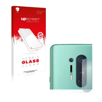 Face avant d’un emballage produit avec le logo de la marque upscreen. À côté, l’appareil OnePlus 8 Pro (Caméra UNIQUEMENT) est