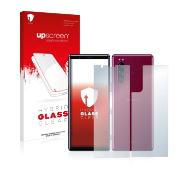 Face avant d’un emballage produit avec le logo de la marque upscreen. À côté, l’appareil Sony Xperia 5 (Avant+Arrière) est rep