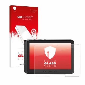 Face avant d’un emballage produit avec le logo de la marque upscreen. À côté, l’appareil Samsung Galaxy Tab Active Pro est rep