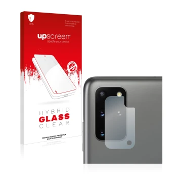 Face avant d’un emballage produit avec le logo de la marque upscreen. À côté, l’appareil Samsung Galaxy S20 Plus (Caméra UNIQU