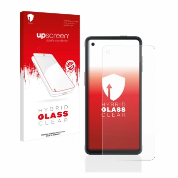Face avant d’un emballage produit avec le logo de la marque upscreen. À côté, l’appareil Samsung Galaxy XCover Pro est représe
