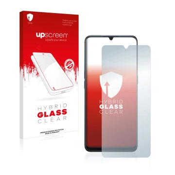 Face avant d’un emballage produit avec le logo de la marque upscreen. À côté, l’appareil Oppo A91 est représenté avec la prote