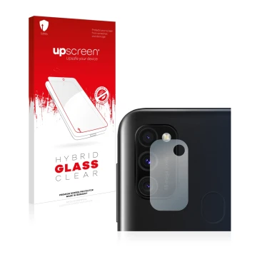 Face avant d’un emballage produit avec le logo de la marque upscreen. À côté, l’appareil Samsung Galaxy M30s (Caméra UNIQUEMEN
