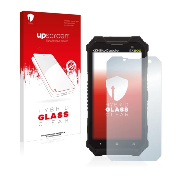 Face avant d’un emballage produit avec le logo de la marque upscreen. À côté, l’appareil SkyCaddie SX500 est représenté avec l