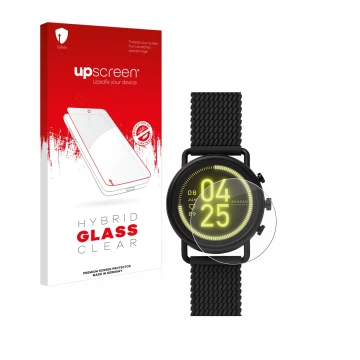 Face avant d’un emballage produit avec le logo de la marque upscreen. À côté, l’appareil Skagen Smartwatch Falster 3 est repré