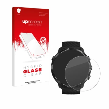 Face avant d’un emballage produit avec le logo de la marque upscreen. À côté, l’appareil Suunto 7 est représenté avec la prote