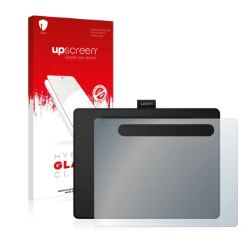 Face avant d’un emballage produit avec le logo de la marque upscreen. À côté, l’appareil Wacom Intuos M est représenté avec la