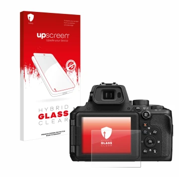 Face avant d’un emballage produit avec le logo de la marque upscreen. À côté, l’appareil Nikon Coolpix P950 est représenté ave