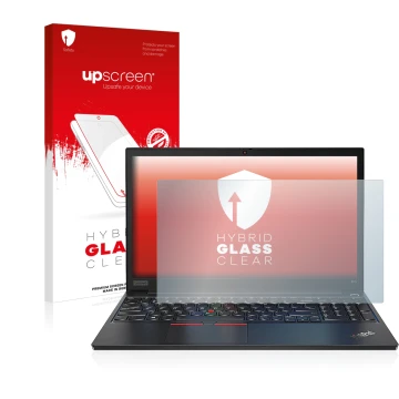 Face avant d’un emballage produit avec le logo de la marque upscreen. À côté, l’appareil Lenovo ThinkPad E14 Gen 2 est représe