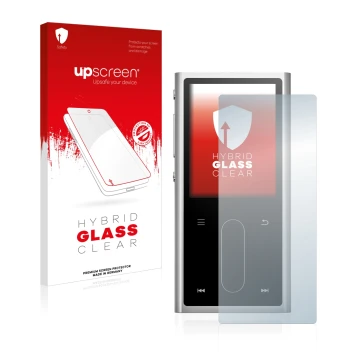 Face avant d’un emballage produit avec le logo de la marque upscreen. À côté, l’appareil FiiO M3K est représenté avec la prote