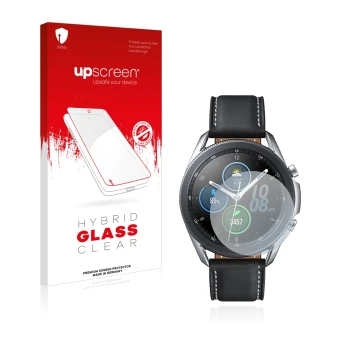 Face avant d’un emballage produit avec le logo de la marque upscreen. À côté, l’appareil Samsung Galaxy Watch 3 (41mm) est rep