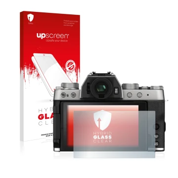 Face avant d’un emballage produit avec le logo de la marque upscreen. À côté, l’appareil Fujifilm X-T200 est représenté avec l