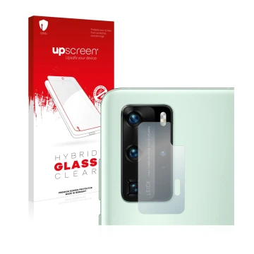 Face avant d’un emballage produit avec le logo de la marque upscreen. À côté, l’appareil Huawei P40 Pro (Caméra UNIQUEMENT) es