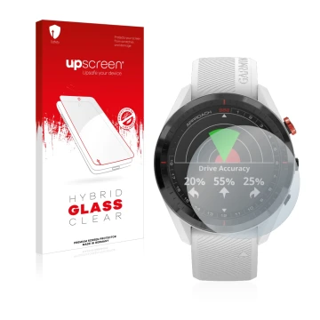 Face avant d’un emballage produit avec le logo de la marque upscreen. À côté, l’appareil Garmin Approach S62 est représenté av