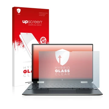 Face avant d’un emballage produit avec le logo de la marque upscreen. À côté, l’appareil HP Spectre x360 13-aw0000ns est repré