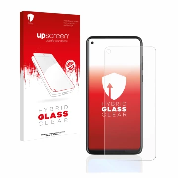 Face avant d’un emballage produit avec le logo de la marque upscreen. À côté, l’appareil Motorola Moto G8 Power est représenté