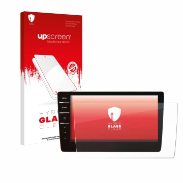 Face avant d’un emballage produit avec le logo de la marque upscreen. À côté, l’appareil Volkswagen Passat 2019 Discover Pro 9