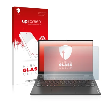 Face avant d’un emballage produit avec le logo de la marque upscreen. À côté, l’appareil Lenovo Yoga C640 est représenté avec 