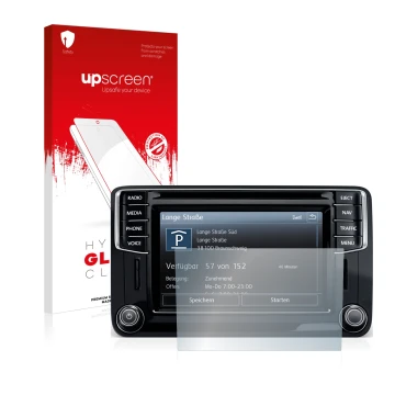 Face avant d’un emballage produit avec le logo de la marque upscreen. À côté, l’appareil Volkswagen Amarok Discover Media 6.5