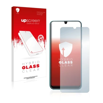 Face avant d’un emballage produit avec le logo de la marque upscreen. À côté, l’appareil Samsung Galaxy M31 est représenté ave