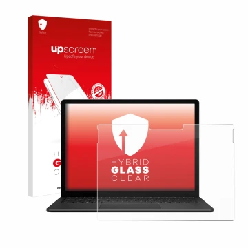 Face avant d’un emballage produit avec le logo de la marque upscreen. À côté, l’appareil Microsoft Surface Book 3 13.5