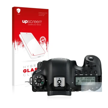 Face avant d’un emballage produit avec le logo de la marque upscreen. À côté, l’appareil Canon EOS 6D (affichage des épaules) 