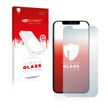 Face avant d’un emballage produit avec le logo de la marque upscreen. À côté, l’appareil Apple iPhone 12 Pro Max est représent