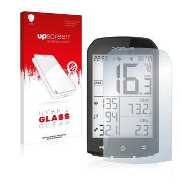Face avant d’un emballage produit avec le logo de la marque upscreen. À côté, l’appareil Cycplus M1 2.9