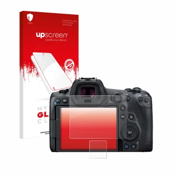 Face avant d’un emballage produit avec le logo de la marque upscreen. À côté, l’appareil Canon EOS R5 est représenté avec la p