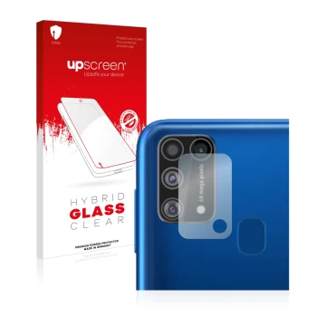 Face avant d’un emballage produit avec le logo de la marque upscreen. À côté, l’appareil Samsung Galaxy M31 (Caméra UNIQUEMENT