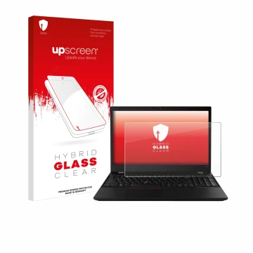 Face avant d’un emballage produit avec le logo de la marque upscreen. À côté, l’appareil Lenovo ThinkPad T590 Non-Touch est re