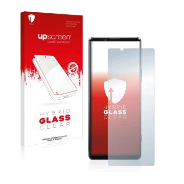 Face avant d’un emballage produit avec le logo de la marque upscreen. À côté, l’appareil Sony Xperia 1 II est représenté avec 
