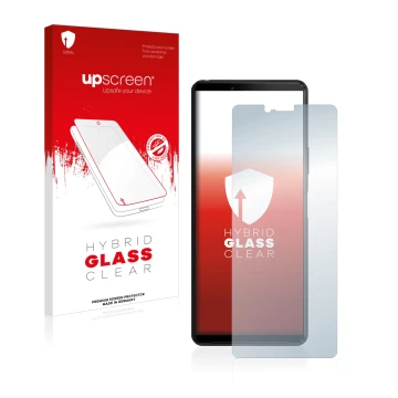 Face avant d’un emballage produit avec le logo de la marque upscreen. À côté, l’appareil Sony Xperia 10 II est représenté avec