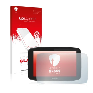 Face avant d’un emballage produit avec le logo de la marque upscreen. À côté, l’appareil TomTom Go Professional 6200 est repré