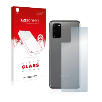 Face avant d’un emballage produit avec le logo de la marque upscreen. À côté, l’appareil Samsung Galaxy S20 Plus 5G (Arrière) 