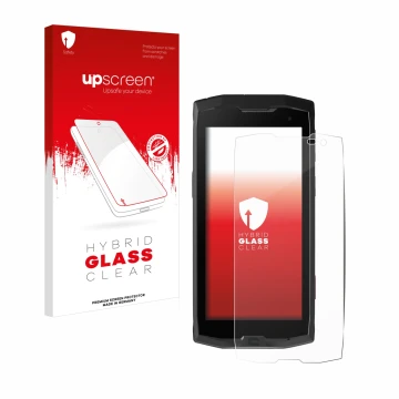 Face avant d’un emballage produit avec le logo de la marque upscreen. À côté, l’appareil Crosscall Core M4 est représenté avec