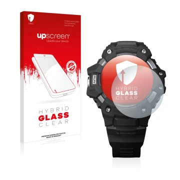 Face avant d’un emballage produit avec le logo de la marque upscreen. À côté, l’appareil Casio G-Shock GBD-H1000 est représent