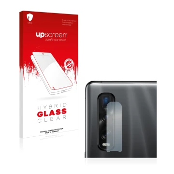 Face avant d’un emballage produit avec le logo de la marque upscreen. À côté, l’appareil Oppo Find X2 Pro (Caméra UNIQUEMENT) 